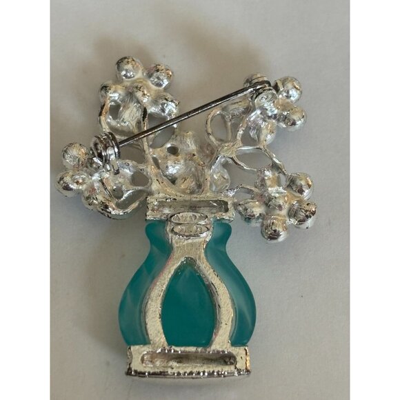 Avon Pin Brooch Jewelry Flower Vase Blue Turquoise Color Rhinestones Silver Tone - Picture 4 of 6